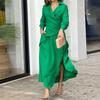 Dames Vintage V-Hals Lange Mouw Split Zak Jurken Elegante Revers Lange Mouw Split Taille Jurk