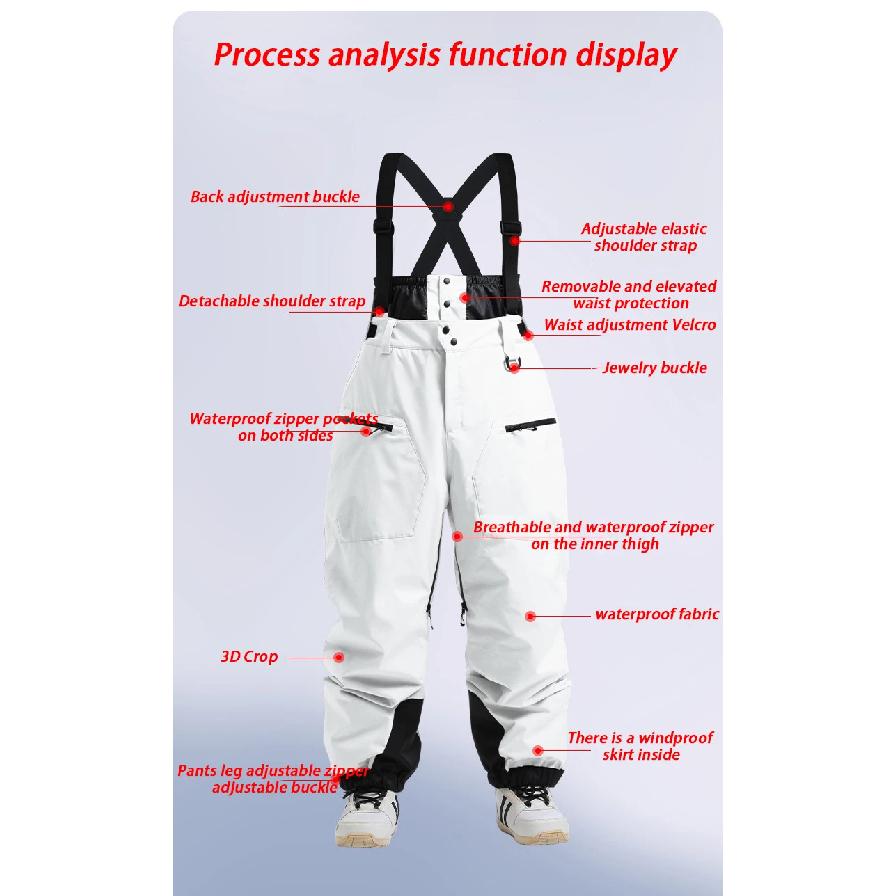 New Ski Pants Women's Outdoor Strap Warm Double Board Windproof Waterproof Winter Leisure Sports Loose Large Pocket Snow Pants