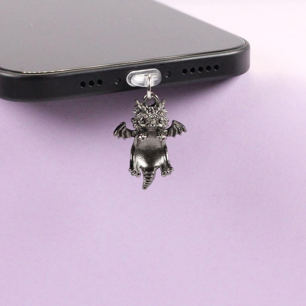 Mobile Phone Dust Plug In Deep Silver Color with Small Flying Dragon Pendant and Decoration, Suitable for IPhone Type-C Interface, Gift Trinket