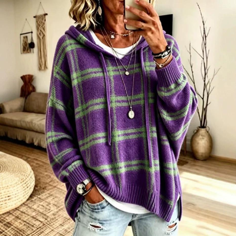 Women's Vintage Plaid Hooded Knit Sweater