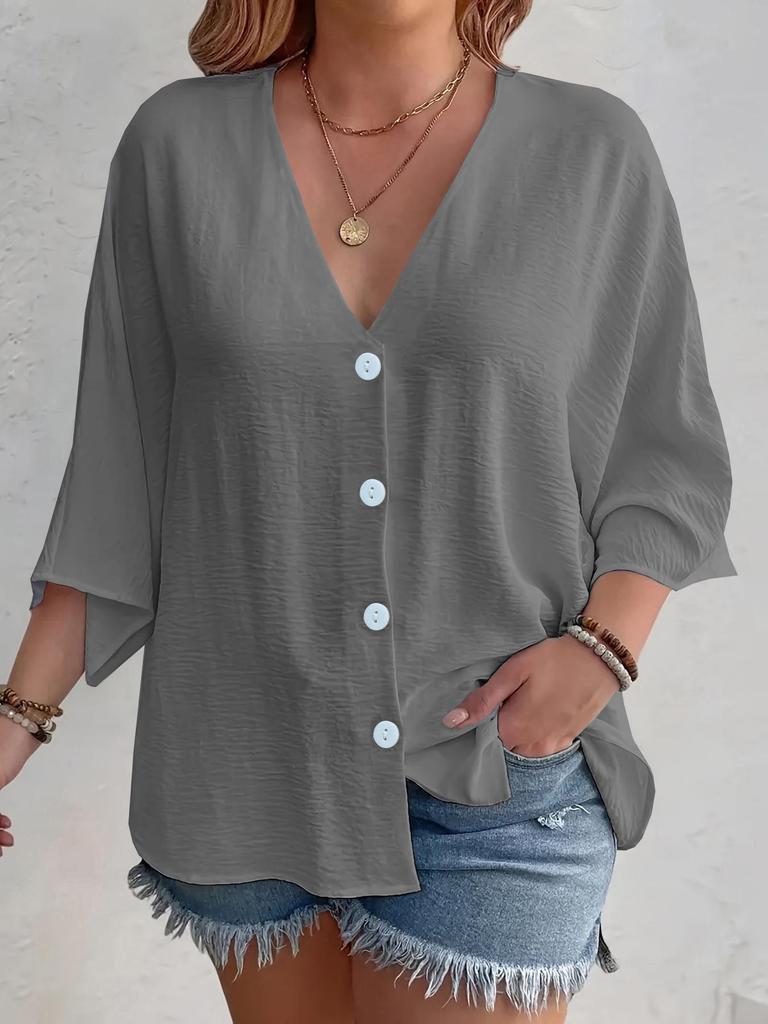 Spring/Autumn 2025 Women's V-neck Ice Silk Wrinkled Cardigan, Solid Color, Three-Quarter Sleeve, Loose Fit