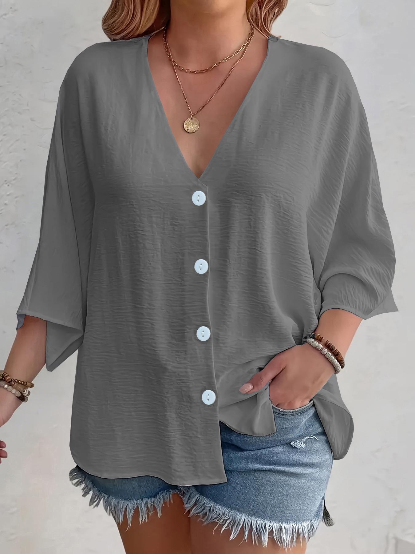 

2025 Spring and Autumn V-neck Button Ice Silk Wrinkled Cardigan - Solid Color, Long Sleeve for Women M серый