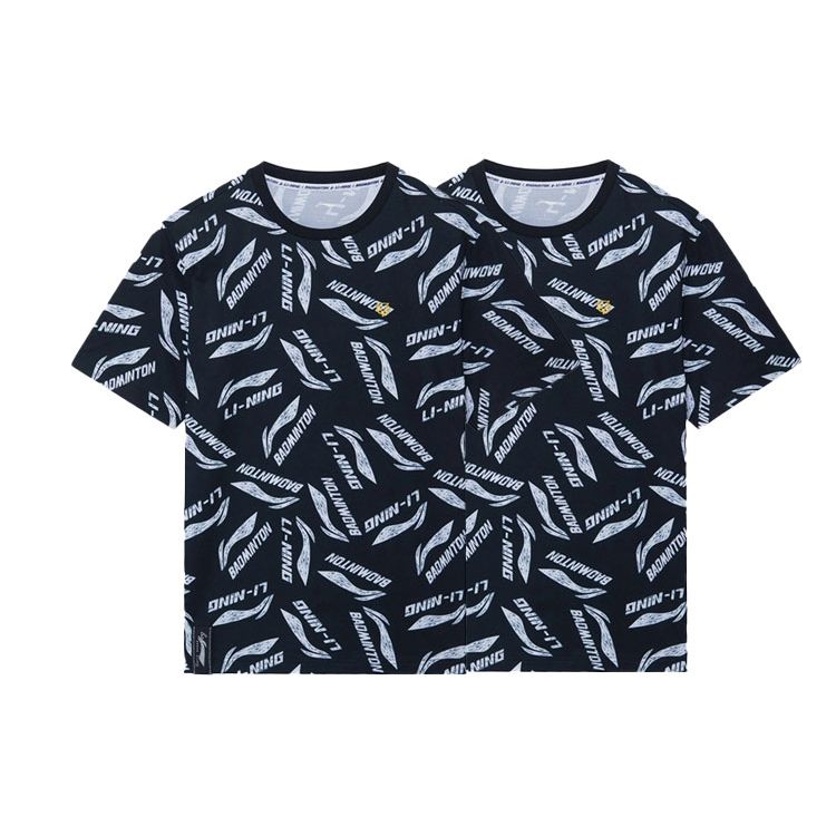 Li-Ning Sports Life Full-Print Multi-Color Logo Breathable Round Neck Short Sleeve T-Shirt Men Tops Black AHSR867-5