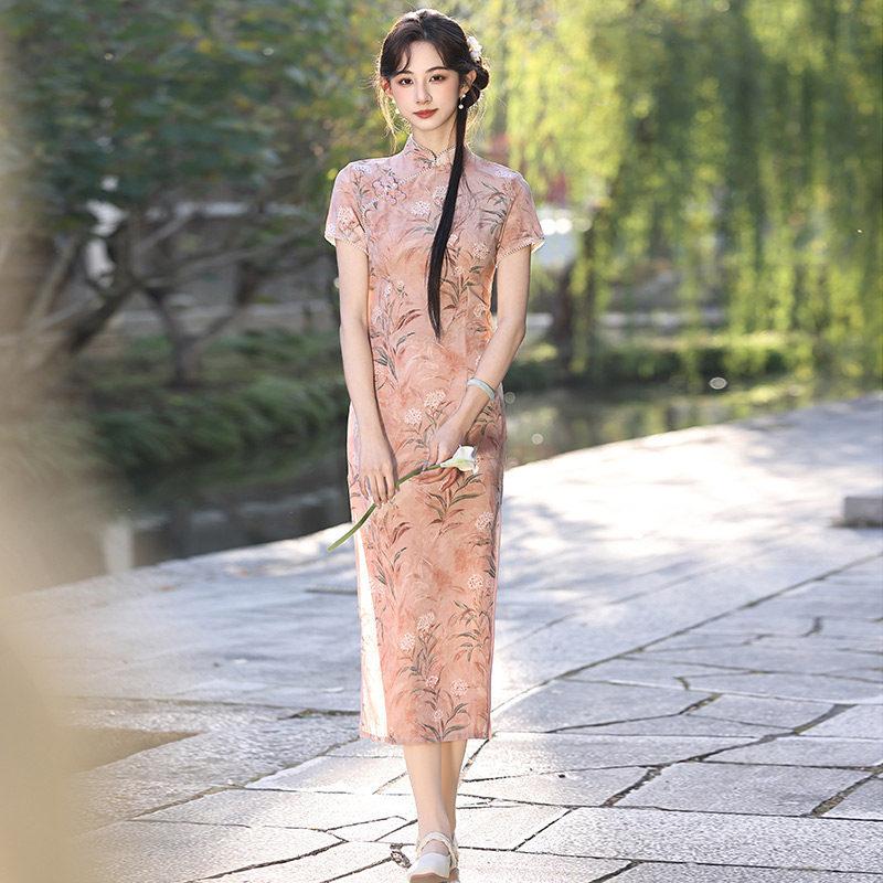 Pink national style new Chinese Suzhou long cheongsam improved young 1011 new women's high-end sense can be worn daily