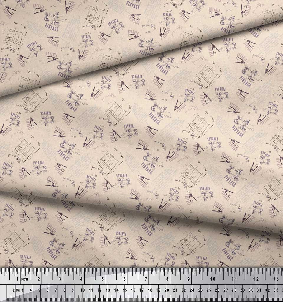 Soimoi Bílá bavlněná voile tkanina Letter & Pen Vintage Printed Craft Fabric v metrech 56 palců