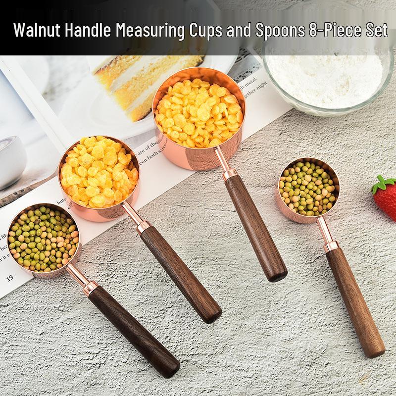 8-Piece Stainless Steel Measuring Cups & Spoons with Walnut Wood Handles & Rose Gold Finish