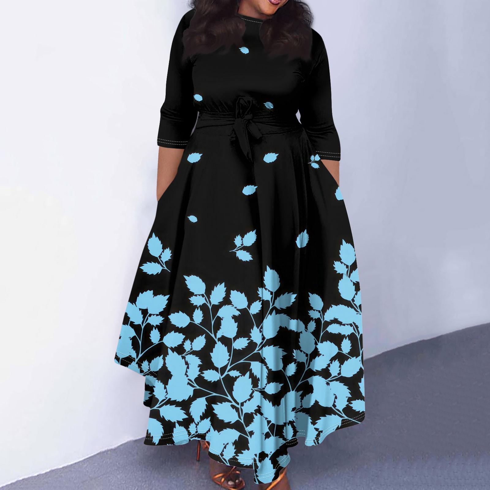 

Женское повседневное модное свободное платье большого размера с цветочным принтом и круглым вырезом, рукавами три четверти, карманами и бретелями XL