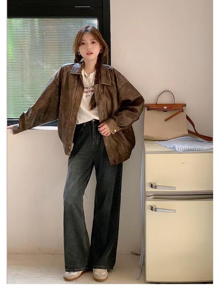 Damen Kleine Braune Lederjacke - 2025 Amerikanischer Retro-Stil mit Gewischtem Farbdesign, Baumwollgefüttert.