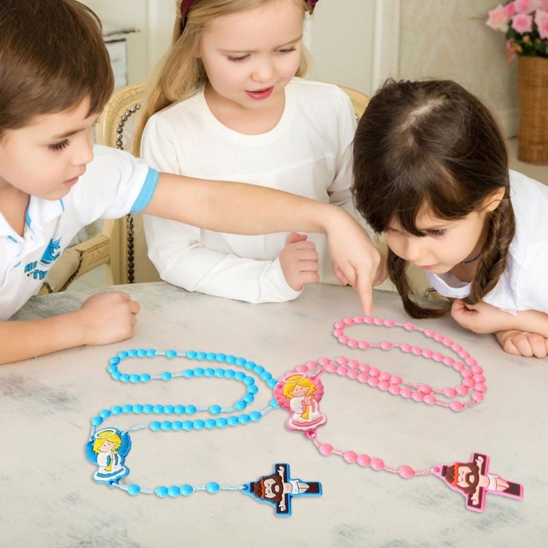 2 Pack Religious Gift Set for Catholic Children Prayer Beads Rosary Necklace Including Medals and Crosses Pendant Charm