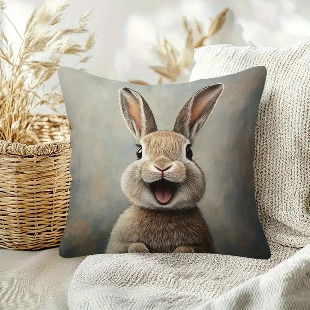 Easter Happy Smiling Bunny Pillow Cover Realistic 2D Print Soft Cozy For Sofa Bed Living Room Spring Decor Cute Rabbit Gifts