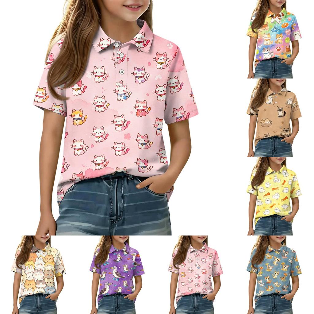 Kids Casual Short Sleeve Polo Shirt Animal Pattern Printed Lightweight Breathable Top for Everyday Wear