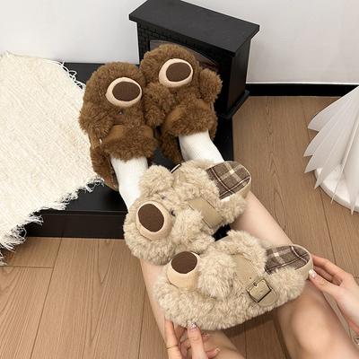 2025 Autumn and Winter New Bear Women's Slippers Pneumatic Ear Doll Plush Slippers Fashion One-word Platform Shoes