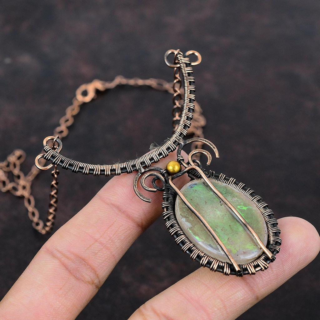Tęczowy Mistyczny Opal Naszyjnik Oplatany Miedzianym Drutem Naszyjnik Ręcznie Robiony Regulowany Naszyjnik Miedziana Biżuteria Naszyjnik z Kamieniem Szlachetnym Prezent Dla Kobiet