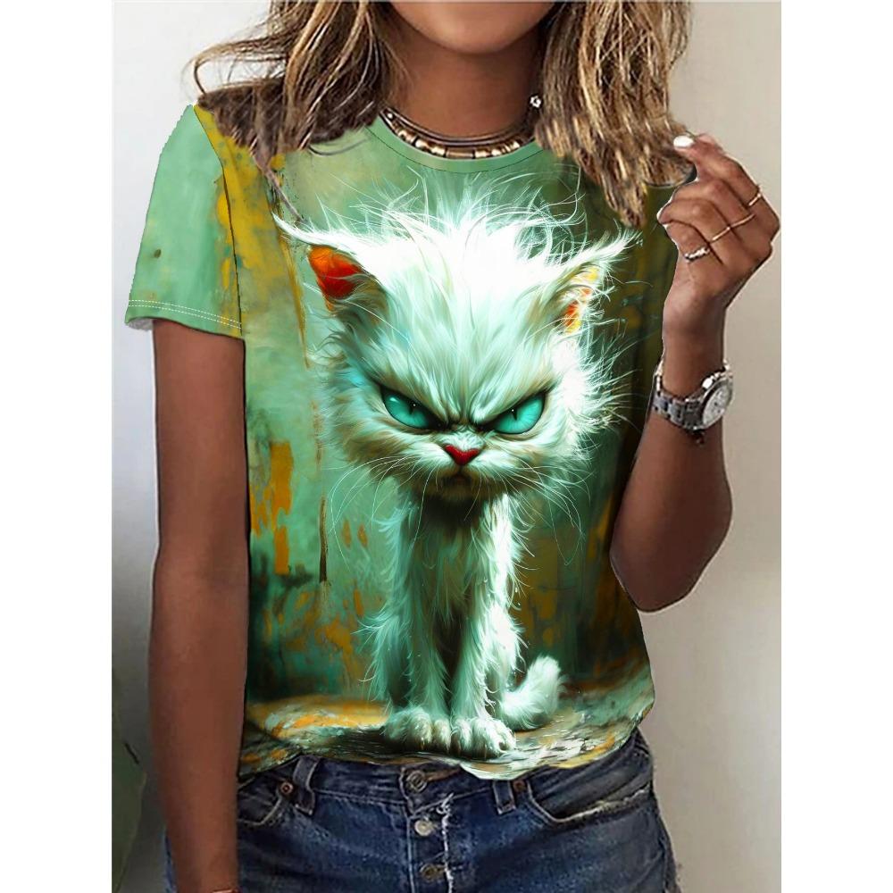 Green Distressed Women s Tee - Angry White Cat with Glowing Eyes Graphic, Edgy Fantasy Print Design for Casual Daily Wear M