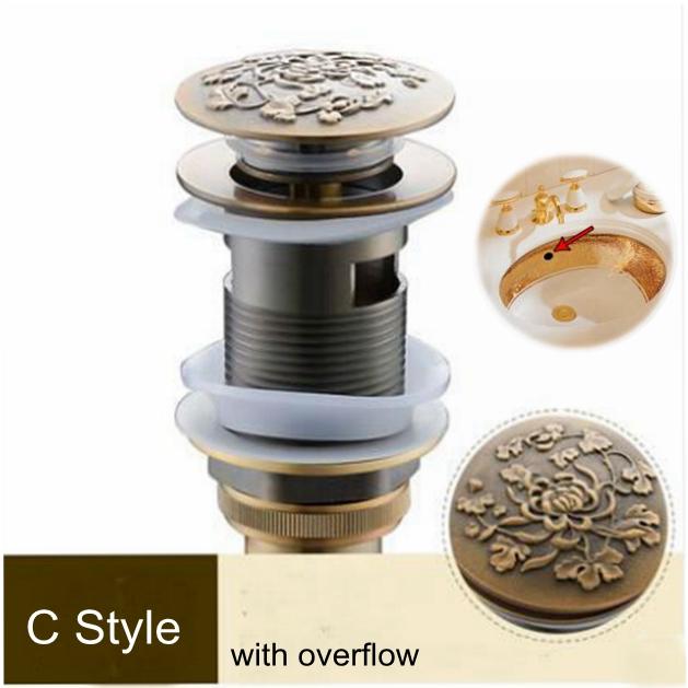 Bathroom Lavatory Basin Sink Pop Up Drain with Round Carved Cover  Brass with & Without Overflow Vanity Sink Waste Drainer