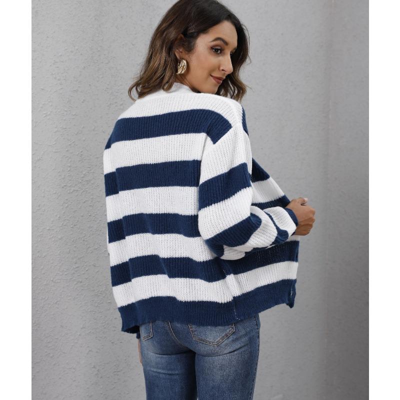 Cardigan de Toamnă/Iarnă pentru Femei, Dungi Contrastante, Nasturi, Patchwork, Pulover Tricotat