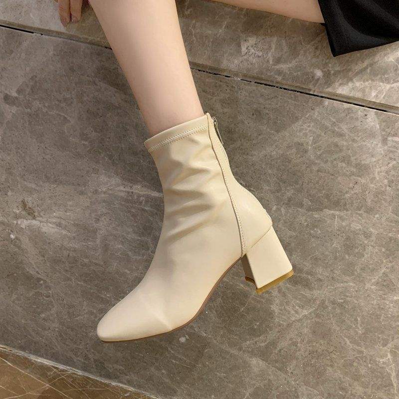 Fleece Boots Women's Thick Heel 2025 Spring and Autumn Short Boots Middle Heel Martin Boots British Style Square Head Elastic Skinny Boots