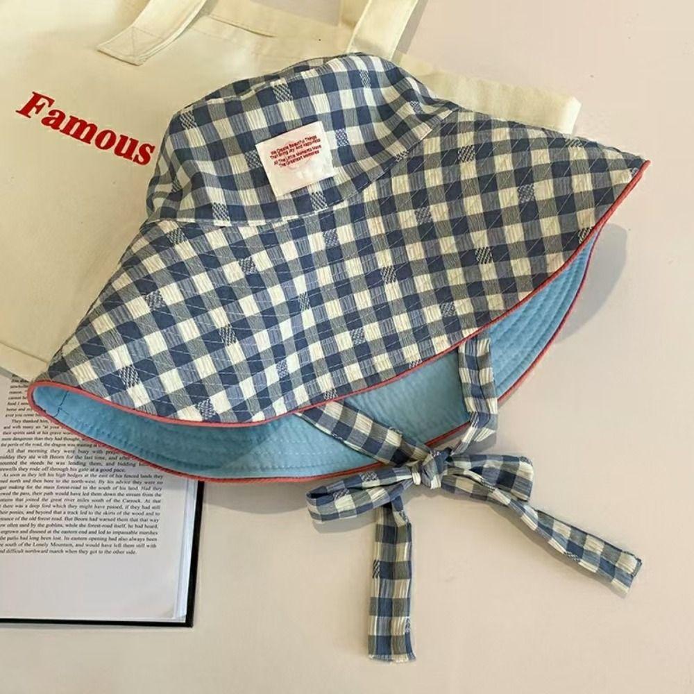 Summer Sunscreen Hat Two-sided Fisherman Caps Korean Plaid Bucket Cap  Travel