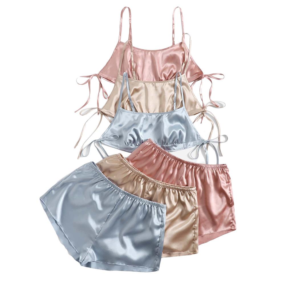 Damen Hot Sexy Ice Silk Volltonfarbe Pyjama Sexy Hosenträger Shorts Set Homewear Zweiteiliges Set