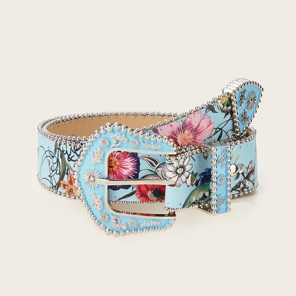 Korean Belt Blue Floral Belt Printed Belt Alloy Decorative Waistband For Ladies Jeans Trouser