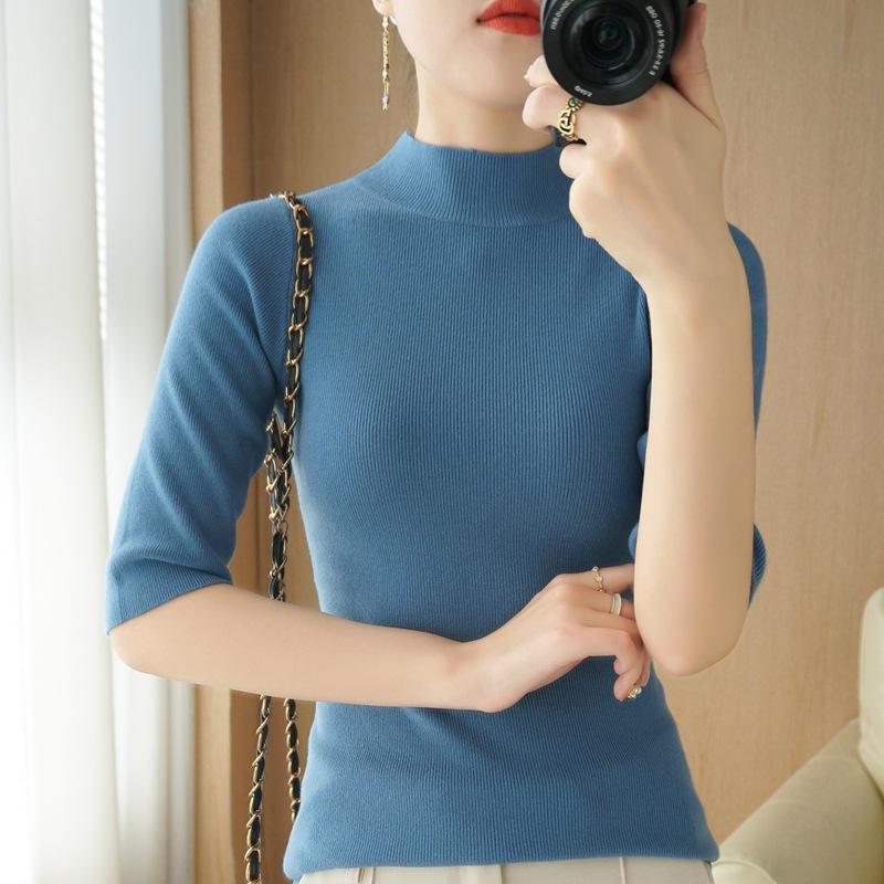 Women's Slim Fit Autumn Knit Sweater with Half High Neck & Mid-Sleeves