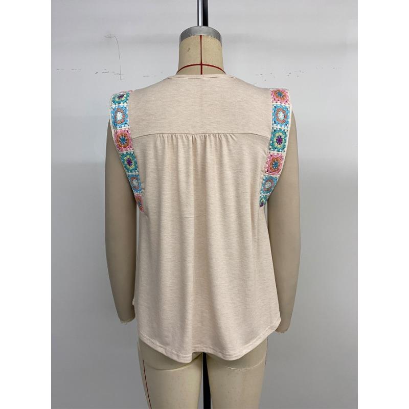 Women's Summer Loose Top National Style Round Neck Ribbon Stitching T-shirt