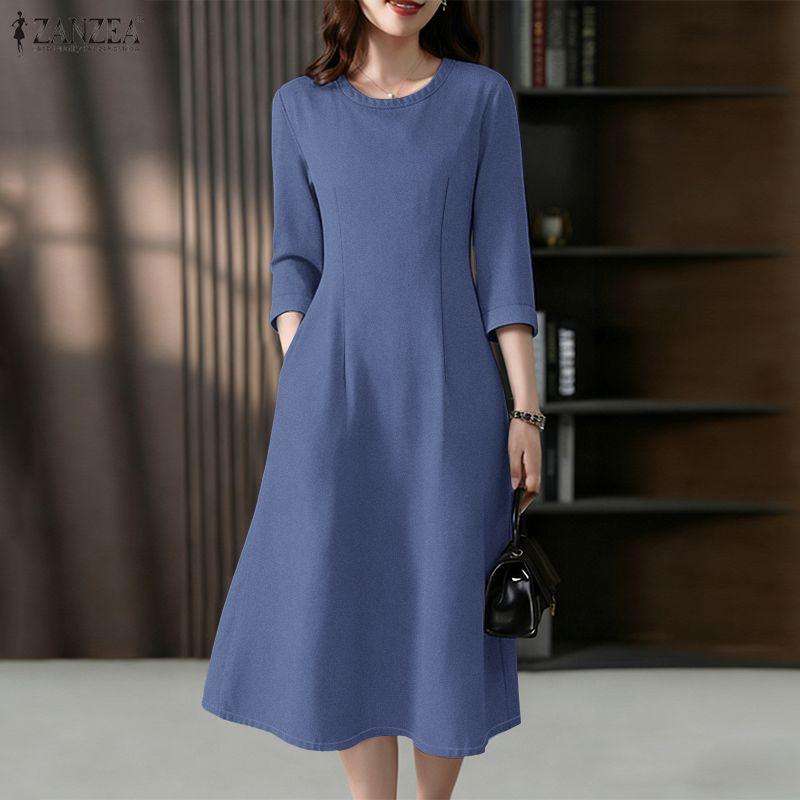 ZANZEA Women Casual Round Neck 3/4 Sleeve Loose Dress