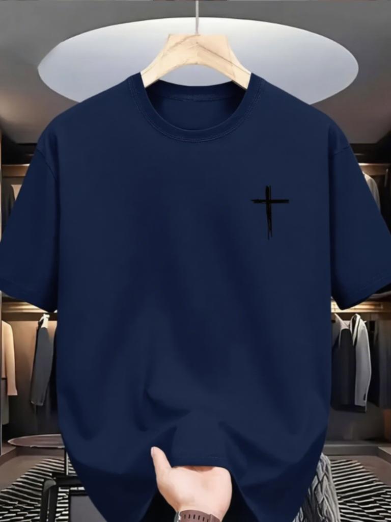 Unisex Summer Cotton Short Sleeve T Shirt Small Chest Black Brush Cross Print Crew Neck Minimalist Religious Casual Male Tee
