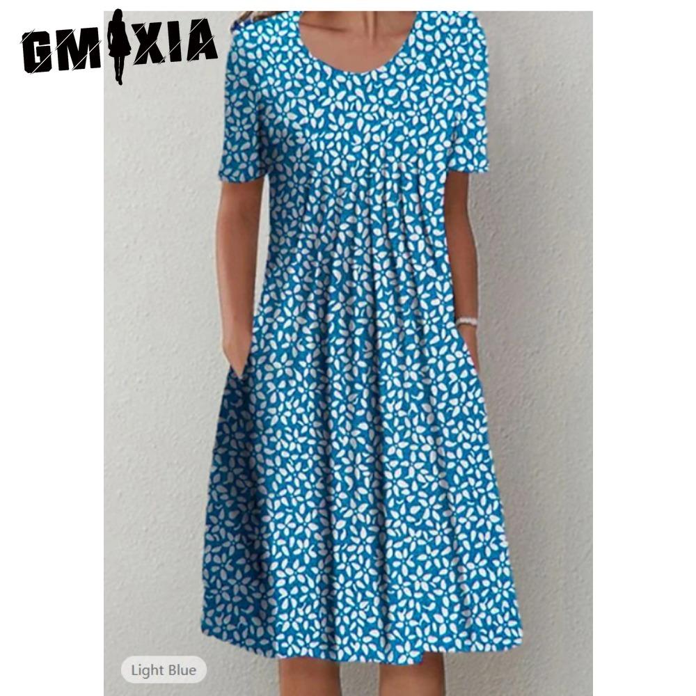 GMXIA 30 Color Pleated Midi Dress Short Sleeve Round Neck Loose Hem Mid-Calf Length Women Floral A-Line Party Dress Casual Wear