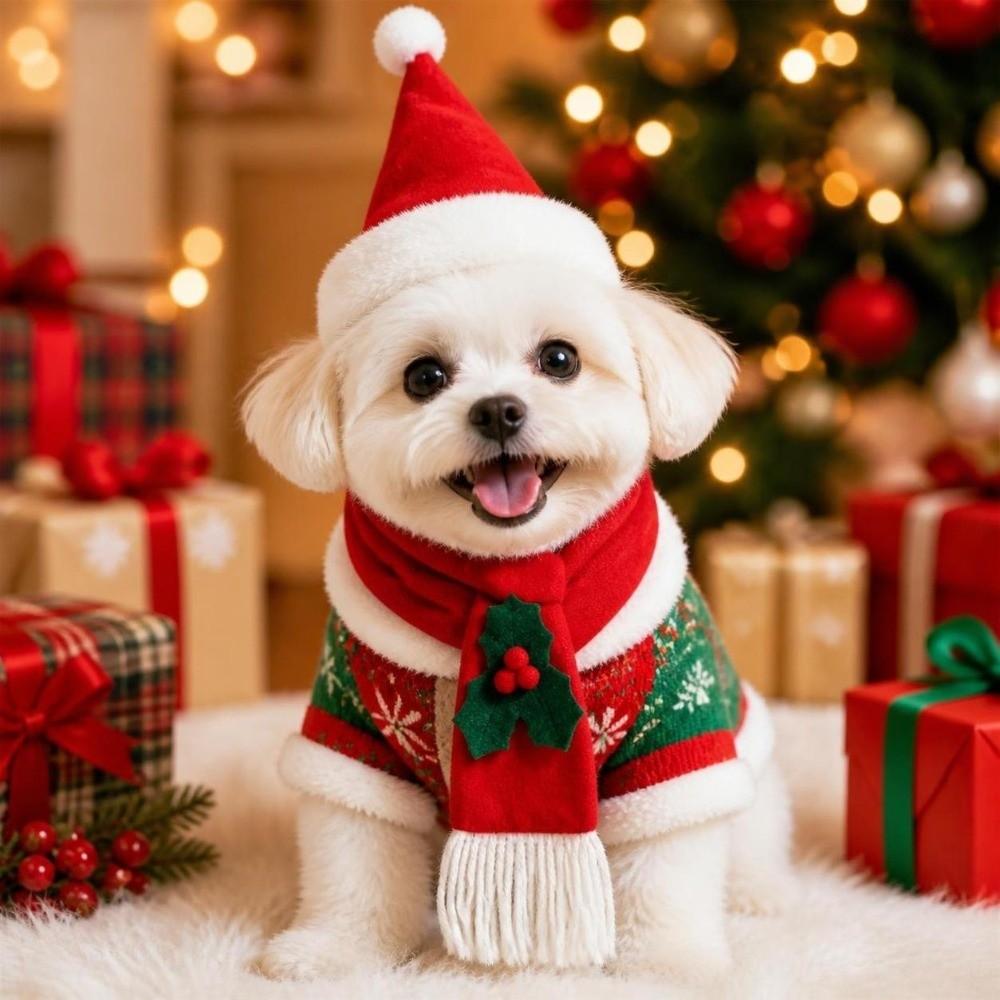 2Pcs/Set Winter Dog Scarf Collar Christmas Cat Scarf Hat Small Dog Accessories for Puppy Kitten