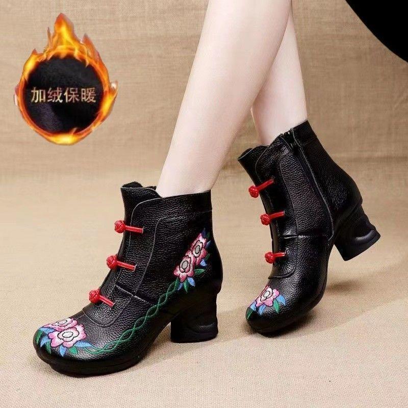 Fashion Ethnic boho ankle boots women's faux leather cheap waterproof shoes woman vintage embroidered boot ladies block mid heel booties