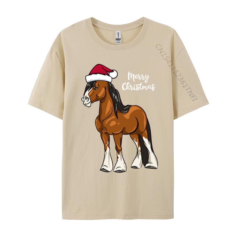 Cute Cartoon Clydesdale Draft Horse Christmas T-Shirt Men Crew Neck Camisas Men Printed Tops Tee Pure Cotton