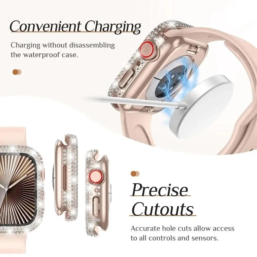 Bling Glass+Cover Case Diamond PC Bumper+Screen Protector For Apple Watch 45mm 44mm 40 41mm Iwatch Series 10 46mm 42mm 9 8 7 5 6