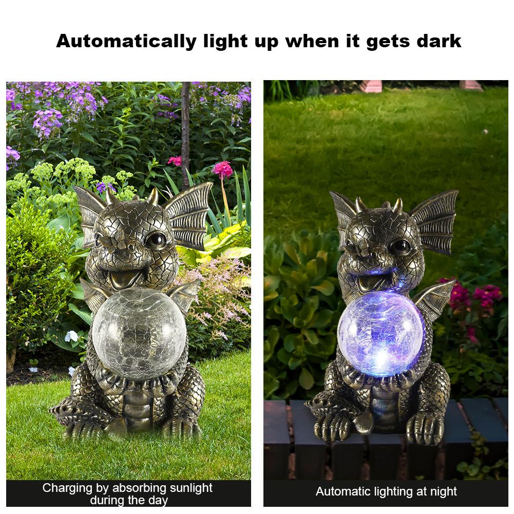 Resin Dragon Figurine with Solar Crackle Globe Light Dragon Garden Sculpture Cute Dragon Statue for Garden Patio Yard Lawn Porch