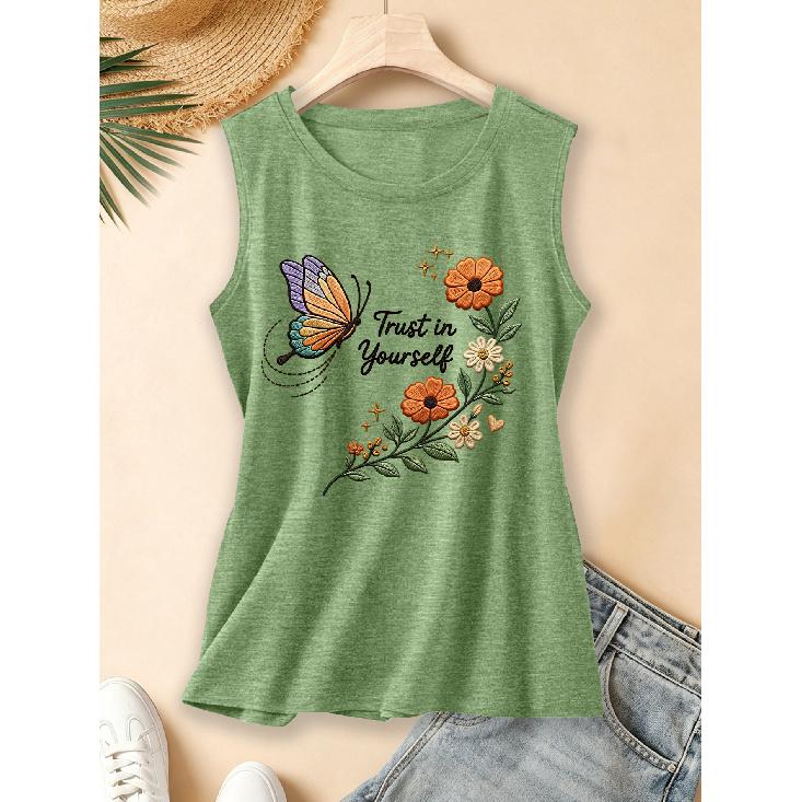 2026 New spring, summer, and autumn women's round-neck design Orange Blossom and Colorful Butterflies Inspirational English Daily Commuting