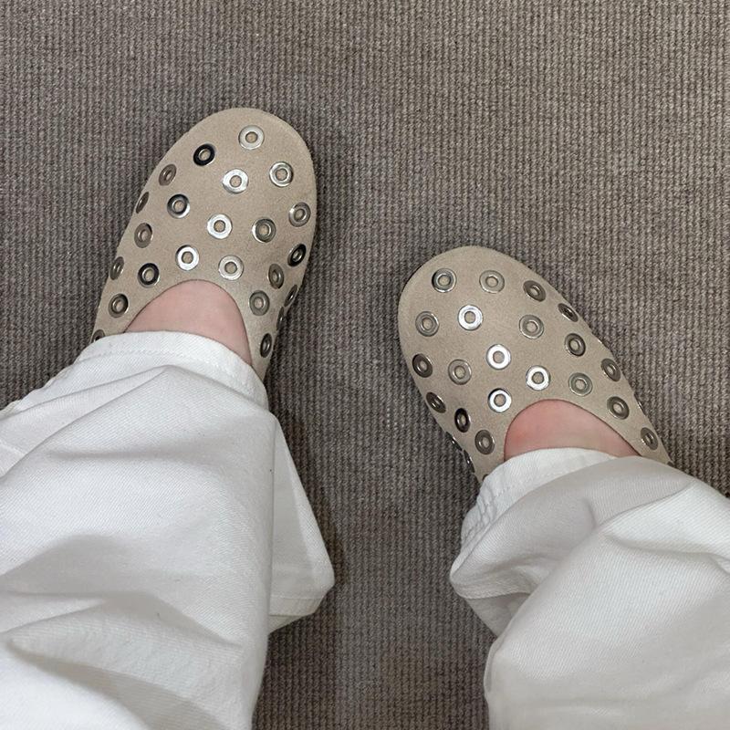 Cowhide version~ French niche design round head metal decoration fashion ballet flat shoes women's pedal cool single shoes