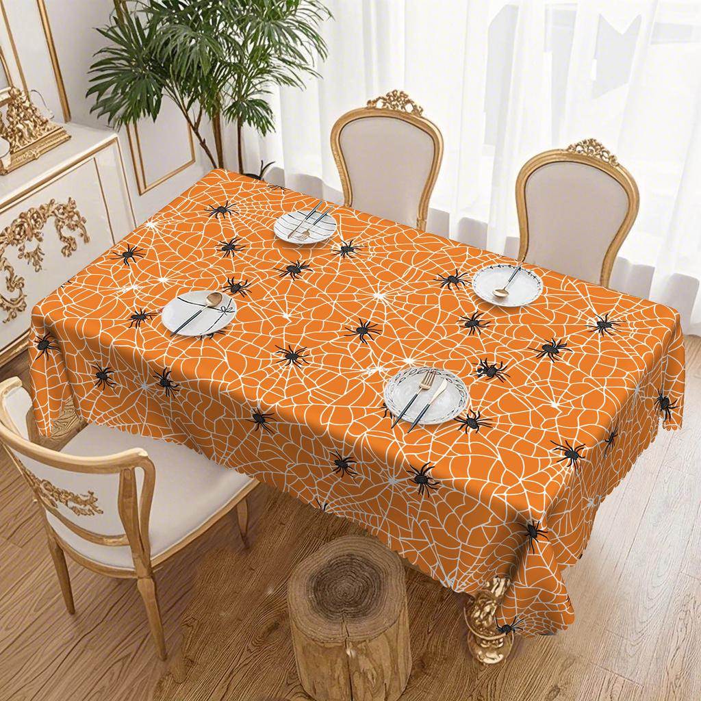 1 Piece Of Halloween Spider Web Round Table Cloth - Bright Orange With Black Spiders And Webs For Halloween Decorations