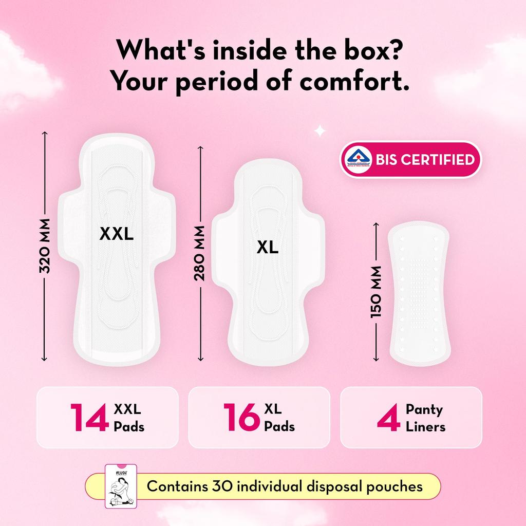 Plush Ultra-Thin Sanitary Napkins for Women, 30 Pcs | 16 XL Pads (Light-Medium Flow), 14 XXL Pads (Heavy Flow), 4Panty Liners | 100% Rash-Free | Pu