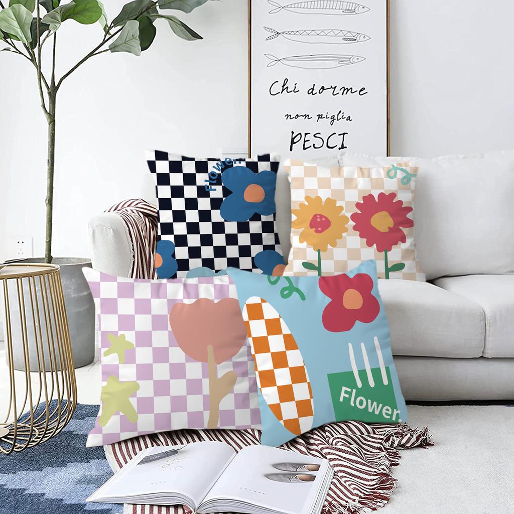 New Checkerboard Floral and Plant Printed Pillowcase, Peach Skin Velvet Digital Printed Home Pillow, Waist and Back Support