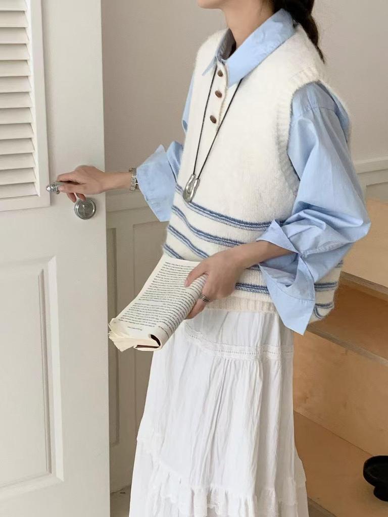 2025 Korean Retro Stripe Knit Vest with Horn Buttons - Women's Sleeveless Round Neck Sweater