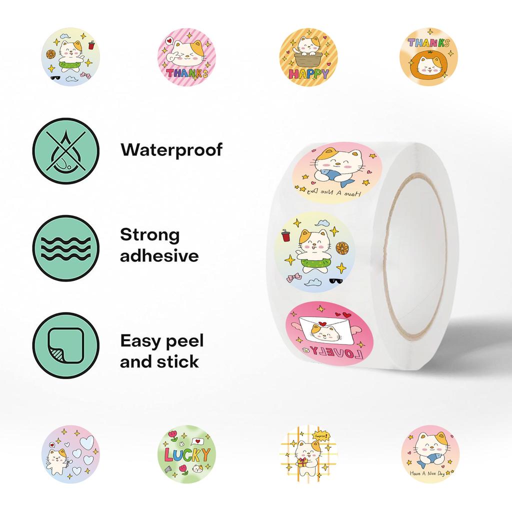 500 Pictures/roll Roll Stickers Tape Cute Kitten Handbook Material Decorative Envelope Seal Stickers