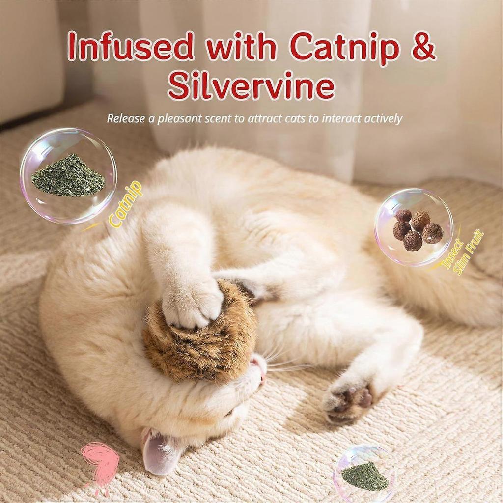 Rabbit Fur Ball Cat Toy, Soft Fluffy Cat Toy Ball, Natural Rabbit Fur Ball Cat Toy with Catnip & Silvervine, Soft Durable Interactive Kitten Toys for