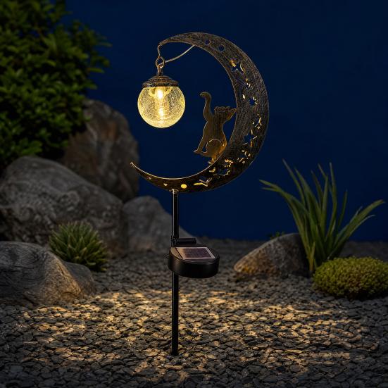 Solar Moon And Hummingbird Garden Light, Outdoor Cracked Glass Ball Stake Lamp for Yard, Waterproof Automatic LED Lighting for Patios Lawns