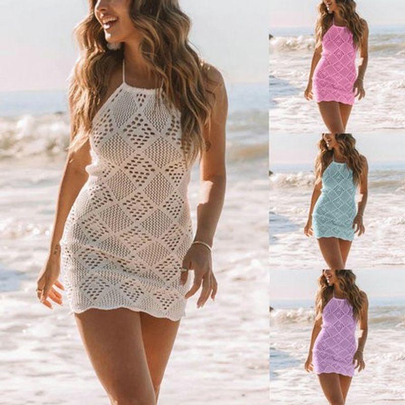 

Вечеринка 2023 Новое поступление Европейское и американское полое облегающее сексуальное пляжное платье-халтер на шнуровке с открытой спиной вязаное White XL