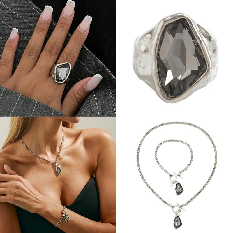 Pack Of 2 Modern Black Acrylic Irregular Necklace Bracelet Jewelry Set Finger Rings For Daily Wear Parties Gifts