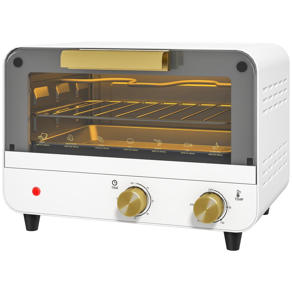 Small Toaster Oven, 12L Multifunction Mini Countertop Oven with Glass Door, Adjustable Temperature and Timer, White
