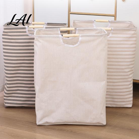 Cotton And Linen Laundry Organizer Basket with Wooden Handles Large Space Saving Bag Basket Storage Foldable for Families Collapsible Hamper