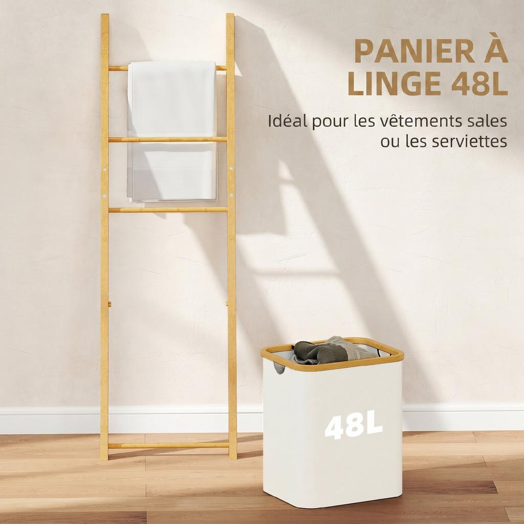 Bamboo Towel Rack with Laundry Basket, Ladder Rack, 43 x 35 x 133 cm, Cream