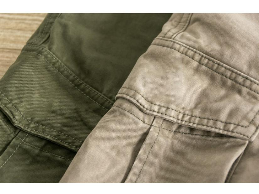 Pánské retro khaki volné rovné prané ležérní pracovní šortky s více kapsami