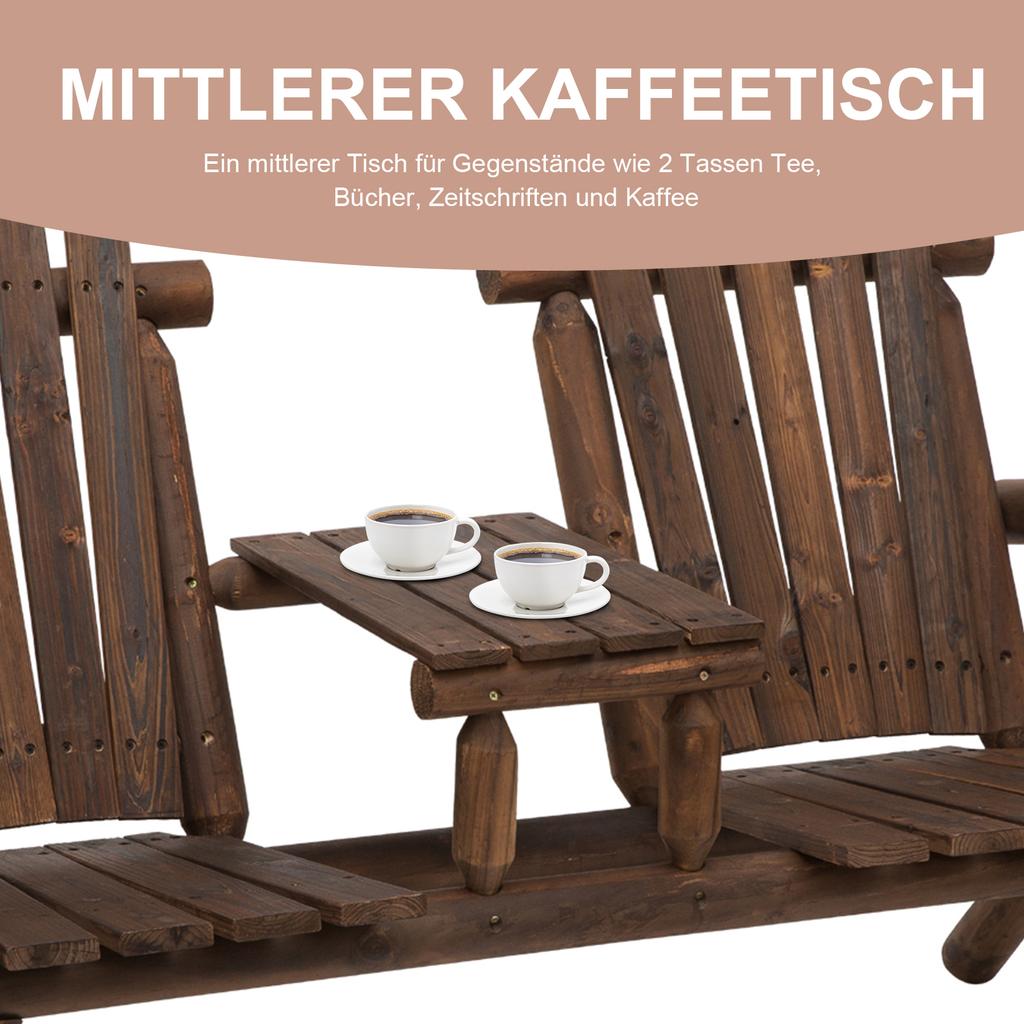 Wood Patio Chair Bench 2 Seats W/ Centre Coffee Table, Garden Bench, Carbonized